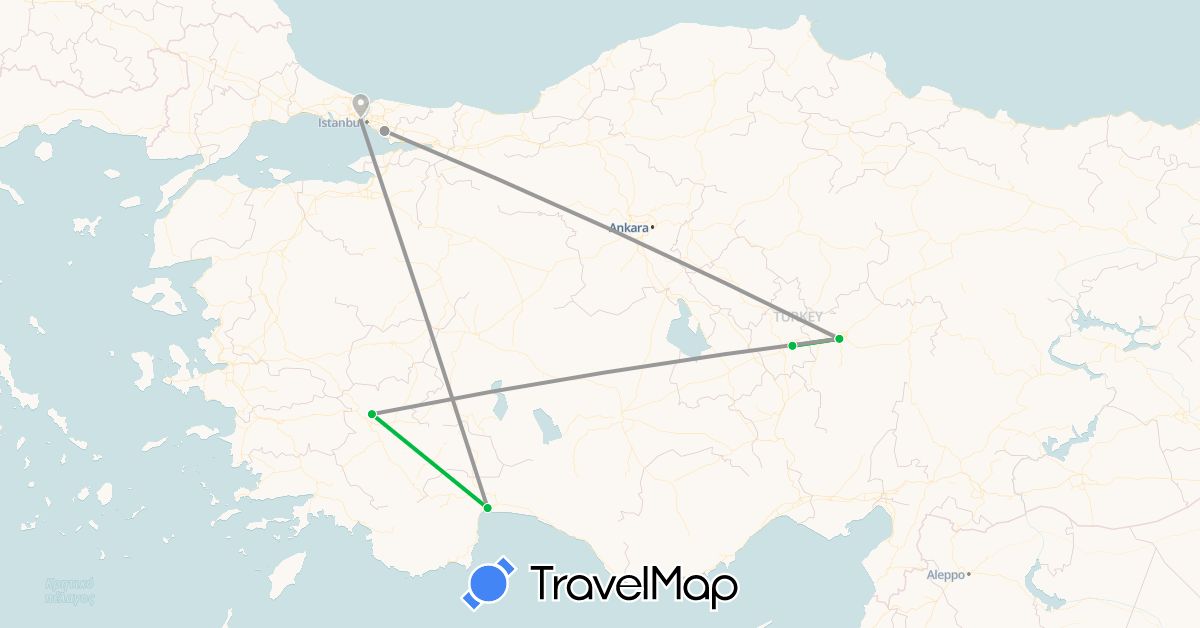 TravelMap itinerary: driving, bus, plane in Turkey (Asia)